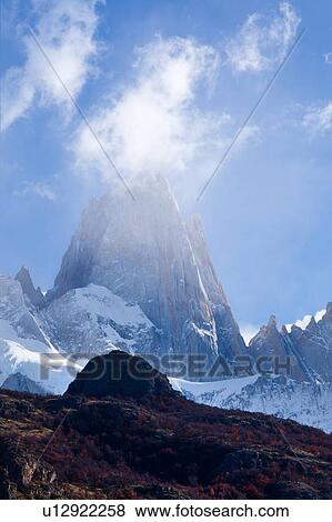 View of snow covered Mount Fitzroy, with foreground lenga (beech) trees in autumn colours on sunny afternoon with blue sky, El Chalten, Southern Argentina, Patagonia View Large Photo Image Stock Photo - View of snow covered Mount Fitzroy, with foreground lenga (beech) trees in autumn colours on sunny afternoon with blue sky, El Chalten, Southern Argentina, Patagonia. Fotosearch