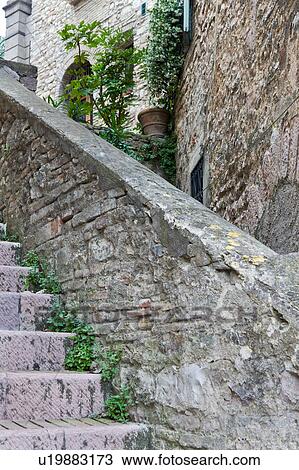 Stock Image - View of stone paved stairway in street, with medieval stone buildings and decorative hanging plants above, Assisi, Umbria, Italy. Fotosearch