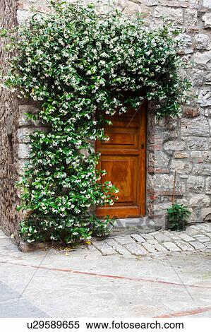Wooden door of Italian stone house, surrounded by flowering jasmine View Large Photo Image Stock Photography - Wooden door of Italian stone house, surrounded by flowering jasmine. Fotosearch