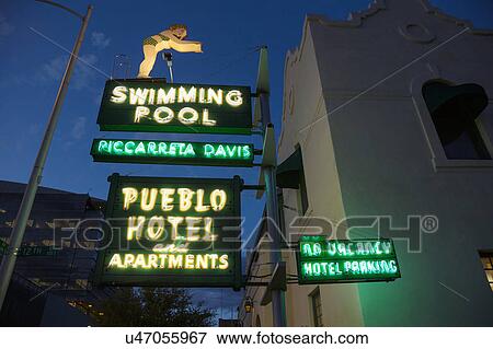 Arizona, Tucson, USA, April 7, 2015, vintage neon for "Swimming Pool and Pueblo Hotel", View Large Photo Image Stock Photo - Arizona, Tucson, USA, April 7, 2015, vintage neon for "Swimming Pool and Pueblo Hotel",. Fotosearch