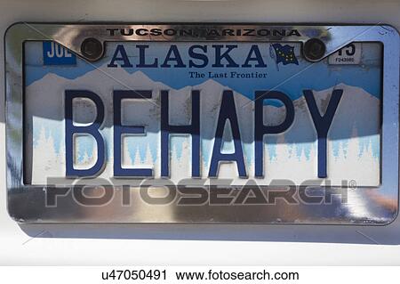 Stock Image - Behapy vanity license plate, Alaska, means "Be Happy". Fotosearch