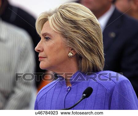 Stock Image - HENDERSON, NV - OCTOBER 14, 2015: Democratic U. S. presidential candidate & former Secretary of State Hillary Clinton listens at International Union of Painters and Allied Trades (IUPAT) training center. Fotosearch