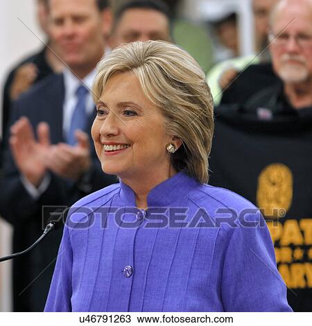 Stock Image - HENDERSON, NV - OCTOBER 14, 2015: Democratic U. S. presidential candidate & former Secretary of State Hillary Clinton smiles at International Union of Painters and Allied Trades (IUPAT) training center. Fotosearch