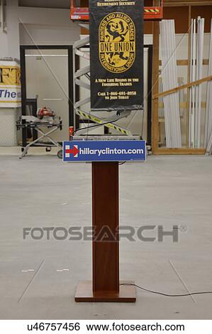 Stock Photograph - HENDERSON, NV - OCTOBER 14, 2015: Podium for Democratic U. S. presidential candidate & former Secretary of State Hillary Clinton at International Union of Painters and Allied Trades (IUPAT) training center. Fotosearch