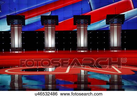 Stock Photograph - LAS VEGAS, NV, Dec 15, 2015, Empty Podiums at the CNN Republican presidential debate at The Venetian Resort and Casino, Las Vegas, NV. Fotosearch