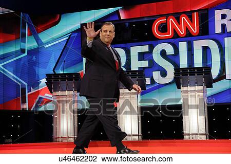 Stock Image - LAS VEGAS, NV, Dec 15, 2015, NJ Gov. Chris Christie a 2016 presidential candidate, waves on stage at the start of the Republican presidential candidate debate at The Venetian.. Fotosearch