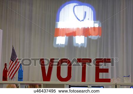 Stock Photography - LAS VEGAS, NV - DEC, 15, 2015: Republican CNN presidential debate at The Venetian Casino shows Vote Sign and Republican elephant symbol. Fotosearch