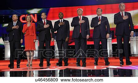 Stock Photo - LAS VEGAS, NV - DECEMBER 15: Republican presidential candidates (L-R) John Kasich, Carly Fiorina, Sen. Marco Rubio, Ben Carson, Donald Trump, Sen. Ted Cruz, Jeb Bush, Chris Christi and Rand Paul. Fotosearch