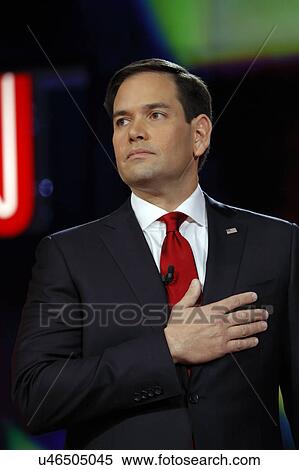 Stock Photography - LAS VEGAS, NV - DECEMBER 15: Republican presidential candidate US Senator Marco Rubio holds hand over heart at CNN republican presidential debate at The Venetian, December 15, 2015, Las Vegas, Nevada. Fotosearch