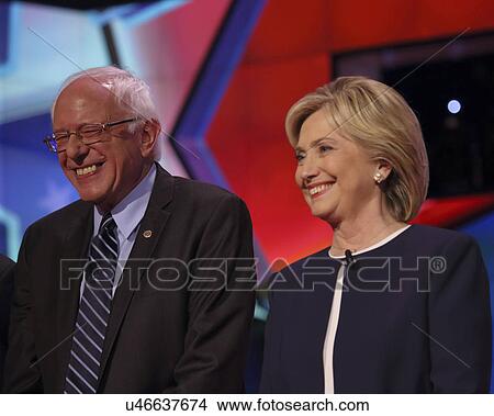Picture - LAS VEGAS, NV - OCTOBER 13 2015: CNN Democratic presidential debate features candidates Sen. Bernie Sanders, Hillary Clinton laughing at Wynn Las Vegas.. Fotosearch