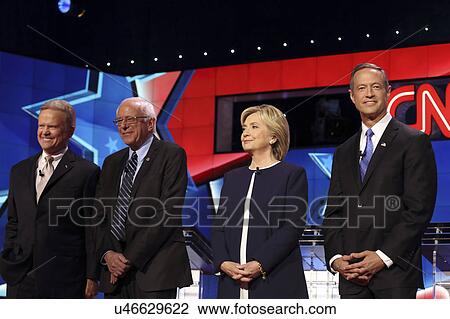 Stock Image - LAS VEGAS, NV - OCTOBER 13 2015: (L-R) Democratic presidential debate features candidates Jim Webb, Sen. Bernie Sanders, Hillary Clinton and Martin O'Malley at Wynn Las Vegas.. Fotosearch