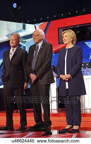 Stock Photography - LAS VEGAS, NV - OCTOBER 13 2015: (L-R) Democratic presidential debate features candidates Jim Webb, Sen. Bernie Sanders, Hillary Clinton at Wynn Las Vegas.. Fotosearch