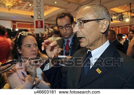 Stock Image - LAS VEGAS, NV - OCTOBER 13: Democratic presidential debates, Clinton chairman John Podesta interviewed in the spin rooom after the presidential debate at the Wynn. Fotosearch