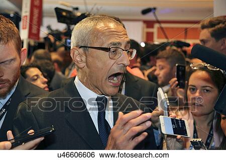 Stock Photograph - LAS VEGAS, NV - OCTOBER 13: Democratic presidential debates, Clinton chairman John Podesta interviewed in the spin rooom after the presidential debate at the Wynn. Fotosearch