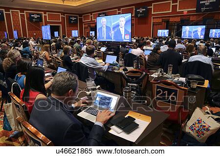 Stock Photography - LAS VEGAS, NV - OCTOBER 13: Democratic presidential debate press filing room where media filing news stories for 2016 Presidential Election, Wynn, Las Vegas, NV. Fotosearch