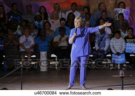 Picture - LAS VEGAS, NV - OCTOBER 14, 2015: Hillary Clinton, former U. S. secretary of state and 2016 Democratic presidential candidate, speaks at Hillary for America Nevada Rally, Springs Preserve Amphitheater. Fotosearch