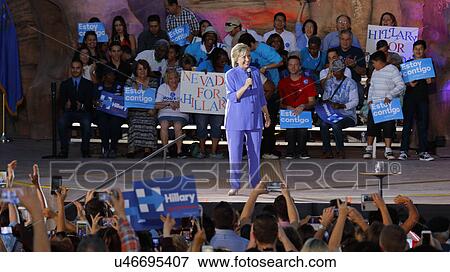 Stock Photo - LAS VEGAS, NV - OCTOBER 14, 2015: Hillary Clinton, former U. S. secretary of state and 2016 Democratic presidential candidate, is applauded at a Hillary for America Nevada Rally, Springs Preserve Amphitheater. Fotosearch