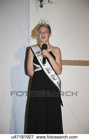 Stock Photo - Oak View, California, USA, March 7, 2015, Miss Oak View Pageant of Excellence, Teenage Beauty Contest, 2014 winner speaks. Fotosearch