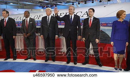 Stock Image - REAGAN PRESIDENTIAL LIBRARY, SIMI VALLEY, LA, CA - SEPTEMBER 16, 2015, Air Force One Background features (L to R) Ted Cruz, Ben Carson, Donald Trump, Jeb Bush, Scott Walker, Carly Fiorina.. Fotosearch