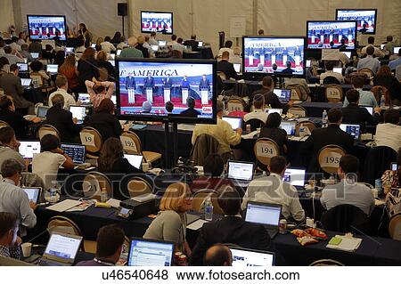 Stock Photo - REAGAN PRESIDENTIAL LIBRARY, SIMI VALLEY, LA, CA - SEPTEMBER 16, 2015, Media filing room during the Republican presidential debate at the Ronald Reagan Presidential Library in Simi Valley, California, U. S.. Fotosearch