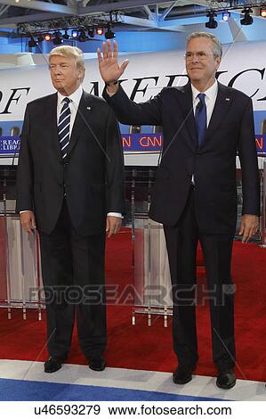Stock Photo - REAGAN PRESIDENTIAL LIBRARY, SIMI VALLEY, LA, CA - SEPTEMBER 16, 2015, Air Force One Background features Donald Trump and Jeb Bush waving.. Fotosearch