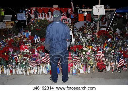 Picture - SAN BERNARDINO, CA. DECEMBER 17, 2015, A makeshift memorial at the Inland Regional Center (IRC) in San Bernardino, CA. San Bernardino shooting aftermath in San Bernardino, CA.. Fotosearch