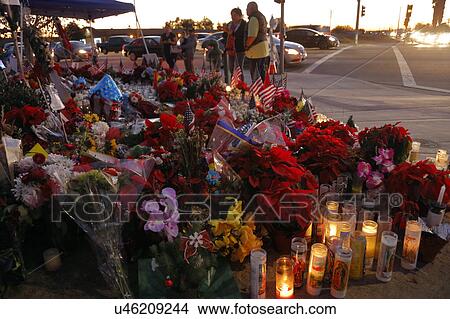 SAN BERNARDINO, CA. DECEMBER 17, 2015, A makeshift memorial at the Inland Regional Center (IRC) in San Bernardino, CA. San Bernardino shooting aftermath in San Bernardino, CA. View Large Photo Image Picture - SAN BERNARDINO, CA. DECEMBER 17, 2015, A makeshift memorial at the Inland Regional Center (IRC) in San Bernardino, CA. San Bernardino shooting aftermath in San Bernardino, CA.. Fotosearch