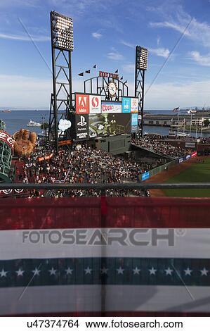 Picture - San Francisco, California, USA, October 16, 2014, AT&T Park, baseball stadium, SF Giants versus St. Louis Cardinals, National League Championship Series (NLCS), flag bunting Center Field view. Fotosearch