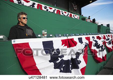 Stock Image - San Francisco, California, USA, October 16, 2014, AT&T Park, baseball stadium, SF Giants versus St. Louis Cardinals, National League Championship Series (NLCS), press box and flag bunting. Fotosearch