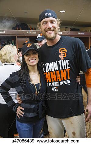 Stock Photo - San Francisco, California, USA, October 16, 2014, AT&T Park, baseball stadium, Hunter Pence and wife, celebrating NL Pennant. Fotosearch