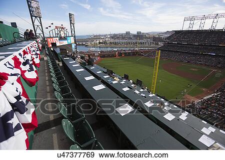Stock Photo - San Francisco, California, USA, October 16, 2014, AT&T Park, baseball stadium, SF Giants versus St. Louis Cardinals, National League Championship Series (NLCS), press box and flag bunting. Fotosearch