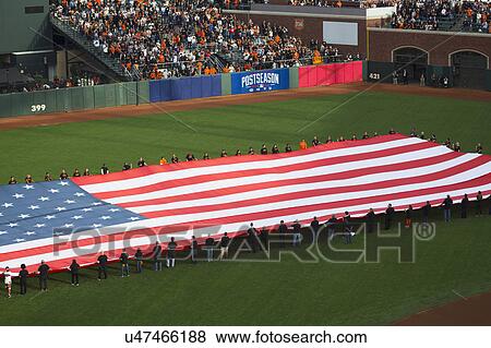 San Francisco, California, USA, October 16, 2014, AT&T Park, baseball stadium, SF Giants versus St. Louis Cardinals, National League Championship Series (NLCS), large US Flag opening ceremonies View Large Photo Image Stock Photo - San Francisco, California, USA, October 16, 2014, AT&T Park, baseball stadium, SF Giants versus St. Louis Cardinals, National League Championship Series (NLCS), large US Flag opening ceremonies. Fotosearch