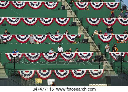 Stock Photography - San Francisco, California, USA, October 16, 2014, AT&T Park, baseball stadium, SF Giants versus St. Louis Cardinals, National League Championship Series (NLCS), press box and flag bunting. Fotosearch