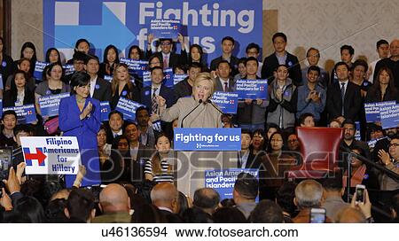Picture - SAN GABRIEL, LA, CA - JANUARY 7, 2016, Democratic Presidential candidate Hillary Clinton speaks to Asian American and Pacific Islander (AAPI) members with Congresswoman Judy Chuat her side.. Fotosearch