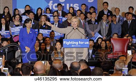 Stock Photography - SAN GABRIEL, LA, CA - JANUARY 7, 2016, Democratic Presidential candidate Hillary Clinton speaks to Asian American and Pacific Islander (AAPI) members with Congresswoman Judy Chuat her side.. Fotosearch