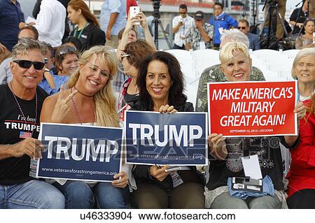 SAN PEDRO, CA - SEPTEMBER 15, 2015: Battleship USS Iowa in San Pedro, California, U. S., Trump Presidential Campaign supporters with signs, on Tuesday, Sept. 15, 2015. View Large Photo Image Picture - SAN PEDRO, CA - SEPTEMBER 15, 2015: Battleship USS Iowa in San Pedro, California, U. S., Trump Presidential Campaign supporters with signs, on Tuesday, Sept. 15, 2015.. Fotosearch