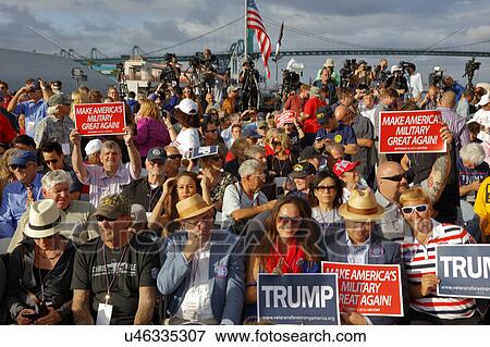 Stock Photo - SAN PEDRO, CA - SEPTEMBER 15, 2015: Battleship USS Iowa in San Pedro, California, U. S., Trump Presidential Campaign supporters with signs, on Tuesday, Sept. 15, 2015.. Fotosearch