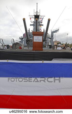 Stock Photograph - SAN PEDRO, CA - SEPTEMBER 15, 2015: Mounted artillery on board Battleship USS Iowa on display at the Port of Los Angeles, California USA. Fotosearch