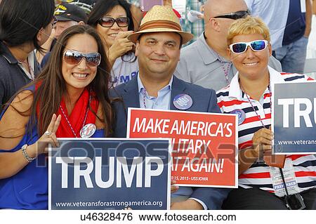 Stock Photograph - SAN PEDRO, CA - SEPTEMBER 15, 2015: Battleship USS Iowa in San Pedro, California, U. S., Trump Presidential Campaign supporters with signs, on Tuesday, Sept. 15, 2015.. Fotosearch