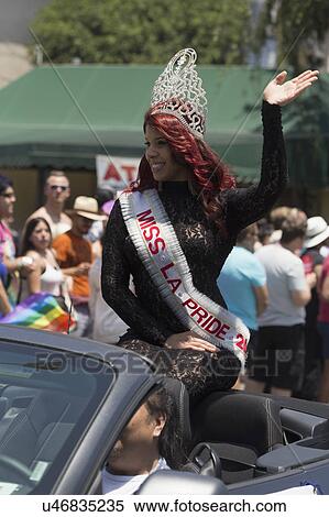 Stock Photography - West Hollywood, Los Angeles, California, USA, June 14, 2015, 40th annual Gay Pride Parade for LGBT Community, down Santa Monica Blvd., Ms LA Pride waves. Fotosearch