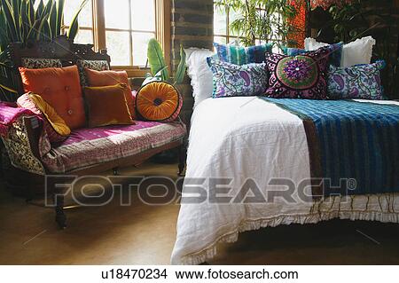 Colorful bed runner and pillows on bed View Large Photo Image Picture - Colorful bed runner and pillows on bed. Fotosearch