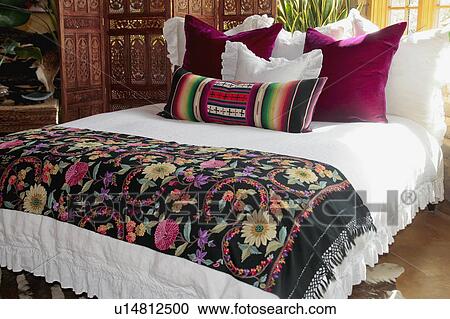 Colorful bed runner and pillows on bed View Large Photo Image Stock Image - Colorful bed runner and pillows on bed. Fotosearch