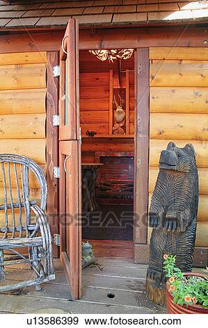 Front Door To Log Cabin Stock Photo U13586399 Fotosearch