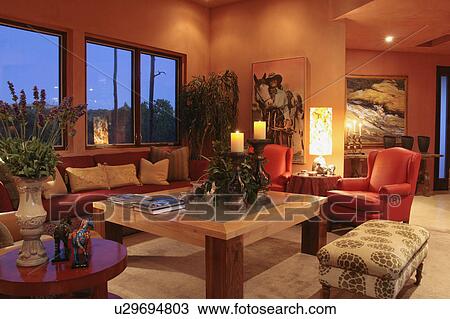 Stock Image - Living room in southwest style home. Fotosearch