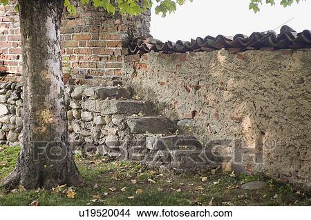 Stone steps long brick wall View Large Photo Image Picture - Stone steps long brick wall. Fotosearch