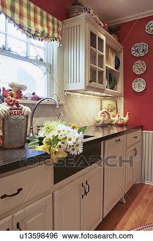Traditional kitchen with red walls View Large Photo Image Stock Photograph - Traditional kitchen with red walls. Fotosearch