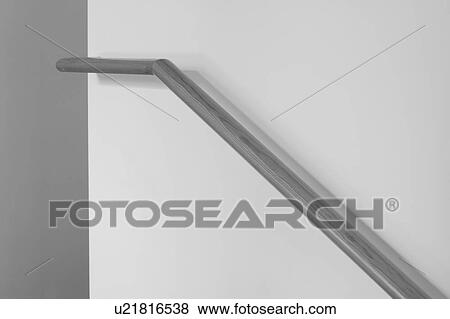 Wooden Banister Along Wall Black And White Stock Photo