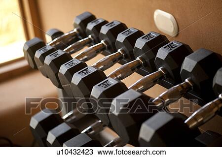Stock Image - Assorted freeweights on a rack in the gym. Fotosearch