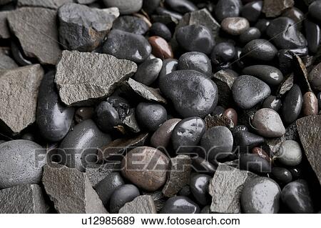 Stock Photo - Assorted wet round and angular pebbles. Fotosearch