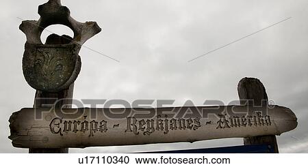 Stock Image - Carved signage Europa - Teykjanes - Amerika. Fotosearch